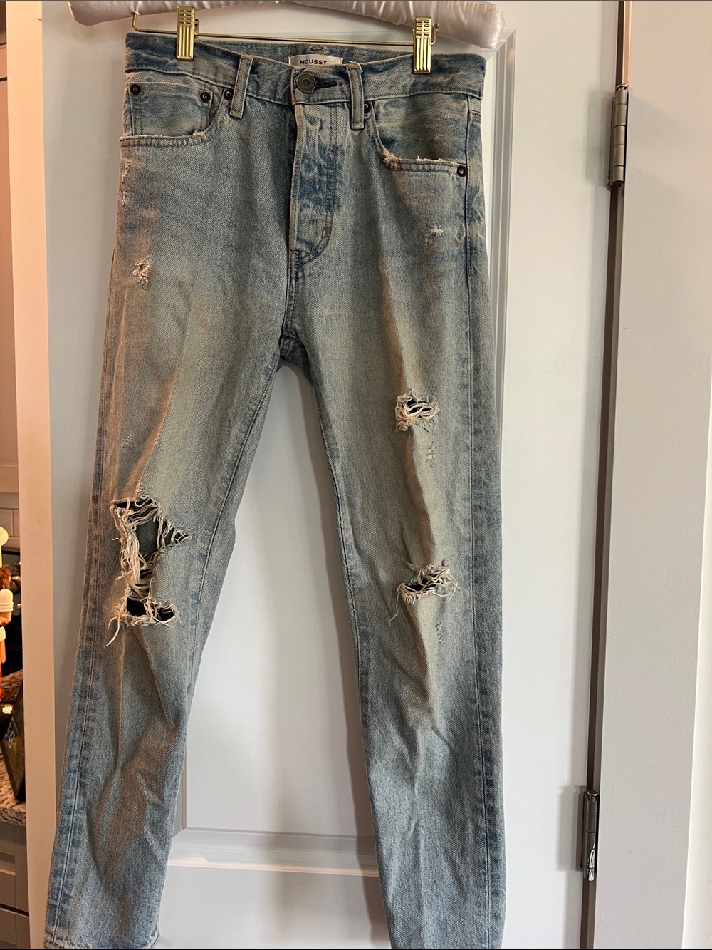 Moussy Light Blue Distressed Slim Straight Jeans